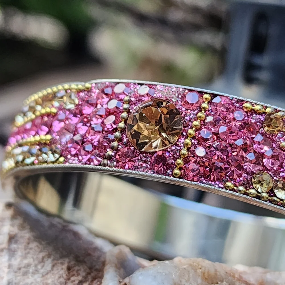 ❤️ Sparkling Hot Pink Crystals Silver Bracelet Wide Indian Bangle jewelry